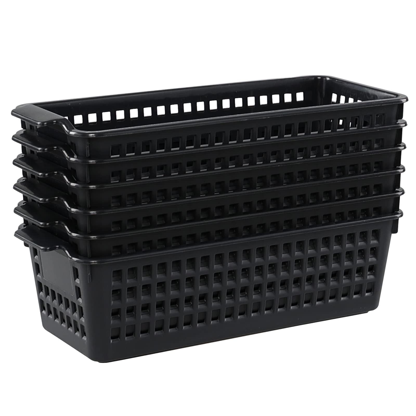 Idotry 6-Pack Slim Plastic Storage Trays Baskets, Black Small Storage Basket