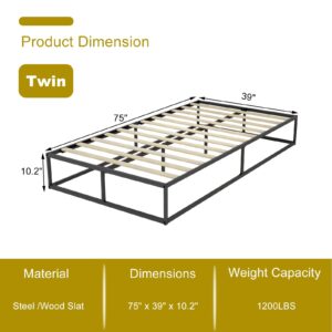 Mhjinuwet Twin Size Bed Frame, 10" Metal Platform with Wooden Slats, Easy Assembly, No Box Spring Needed