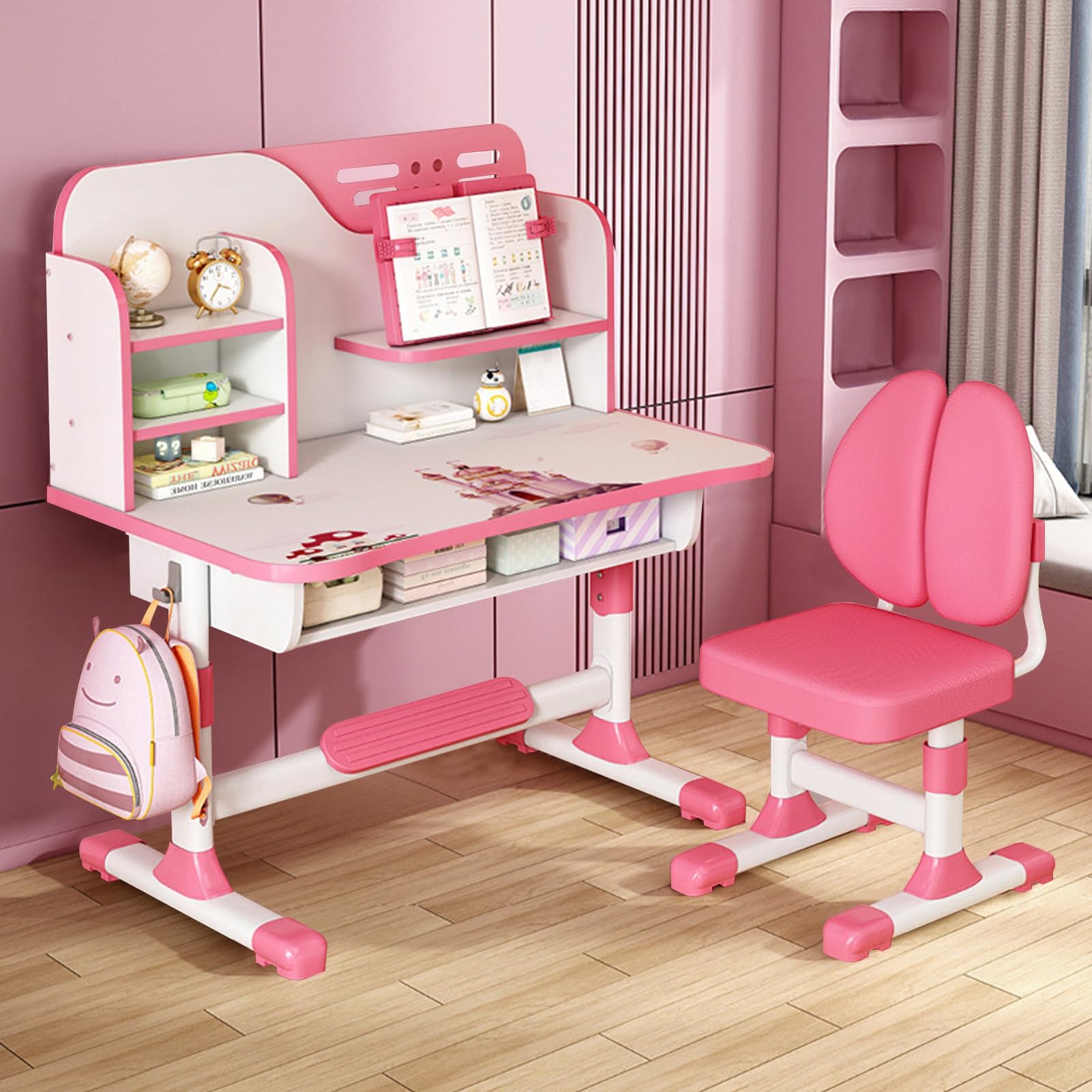 Premium Kids Study Desk Chair Set,Height Adjustable Children's Desk and Chair School Study Table Chair with Astronaut Pattern,Ergonomic Desk Chair with Writing Board, Bookshelf and Drawer Pink