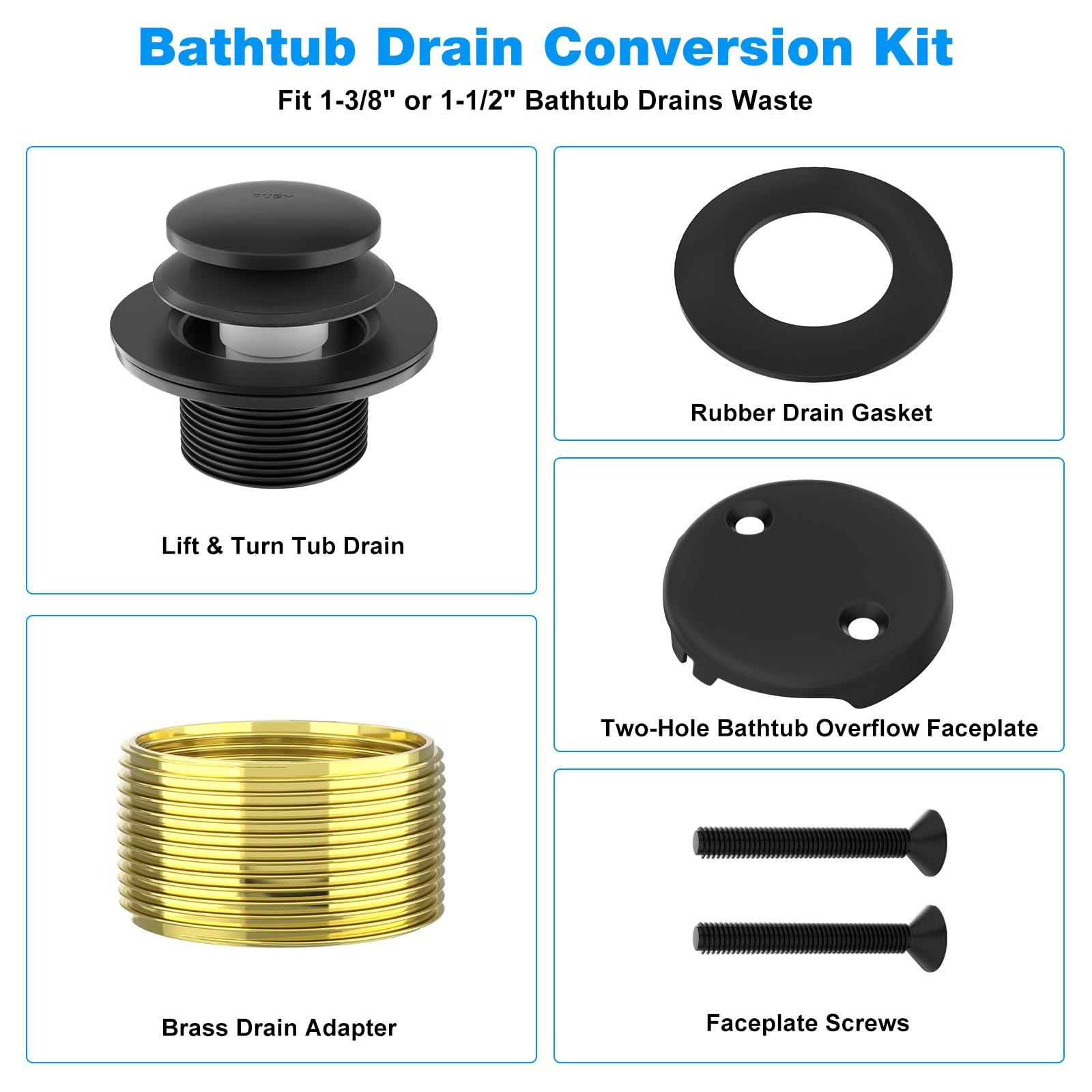 Black Bathtub Drain Kit- Tub Drain Conversion Kit- Black Bathtub Drain Overflow Kit-Brass Construction - Matte Black