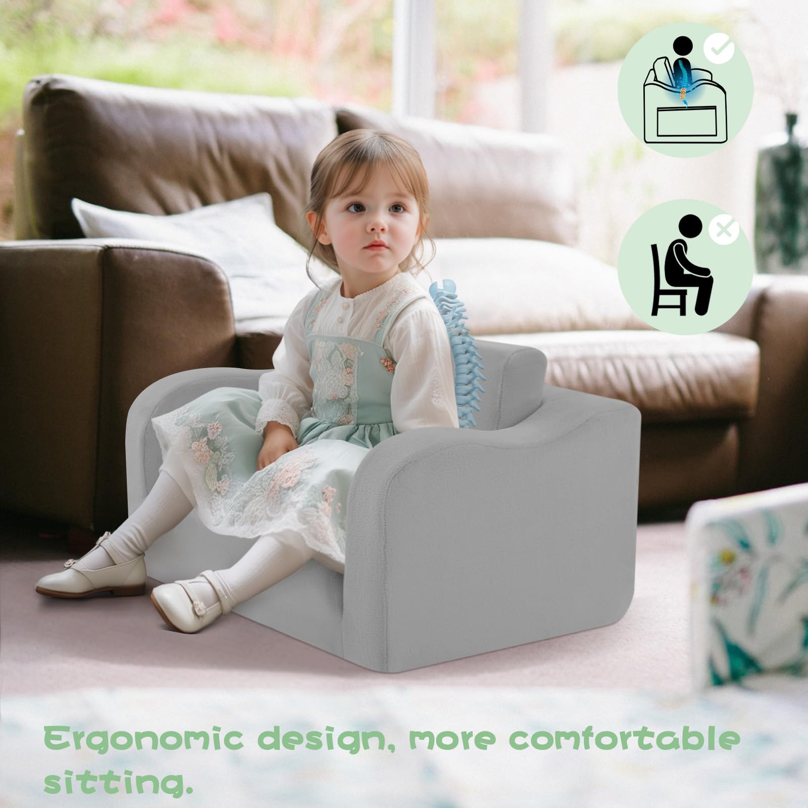 MeMoreCool Fold Out Kids Couch Toddler Chair, Comfy Baby Sofa Kid Lounge Chair for Toddlers 1-4, Convertible Child Recliner Foldable Children Couch Bed, Pull Out Chair for Boy Girl, Grey