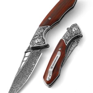 DRACHENADER Handmade Damascus Pocket Knife with Clip Vg10 67-Layers Real Damascus Steel Folding Knife with Liner Lock Japanese Style for Men, Wooden Handle