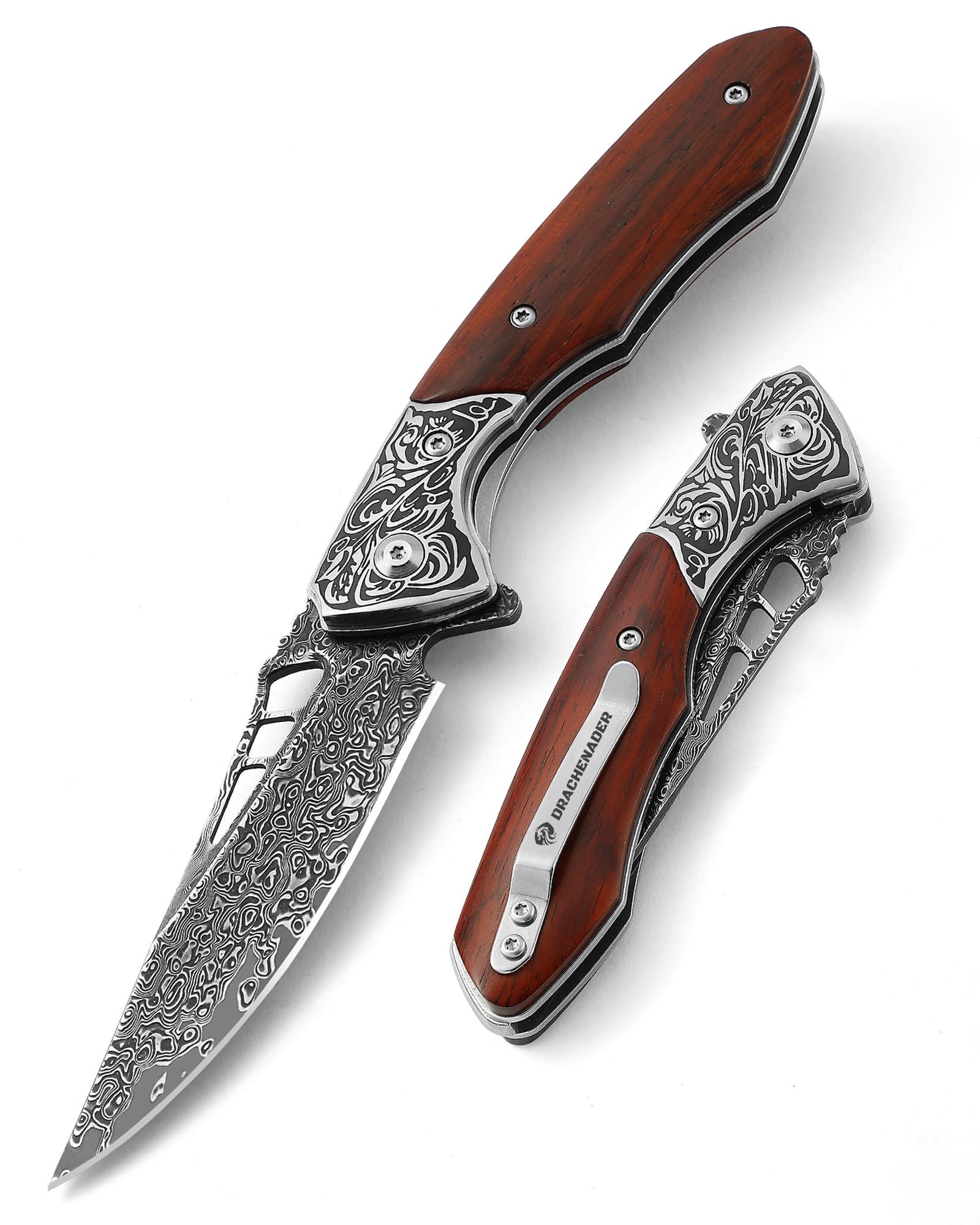 DRACHENADER Handmade Damascus Pocket Knife with Clip Vg10 67-Layers Real Damascus Steel Folding Knife with Liner Lock Japanese Style for Men, Wooden Handle