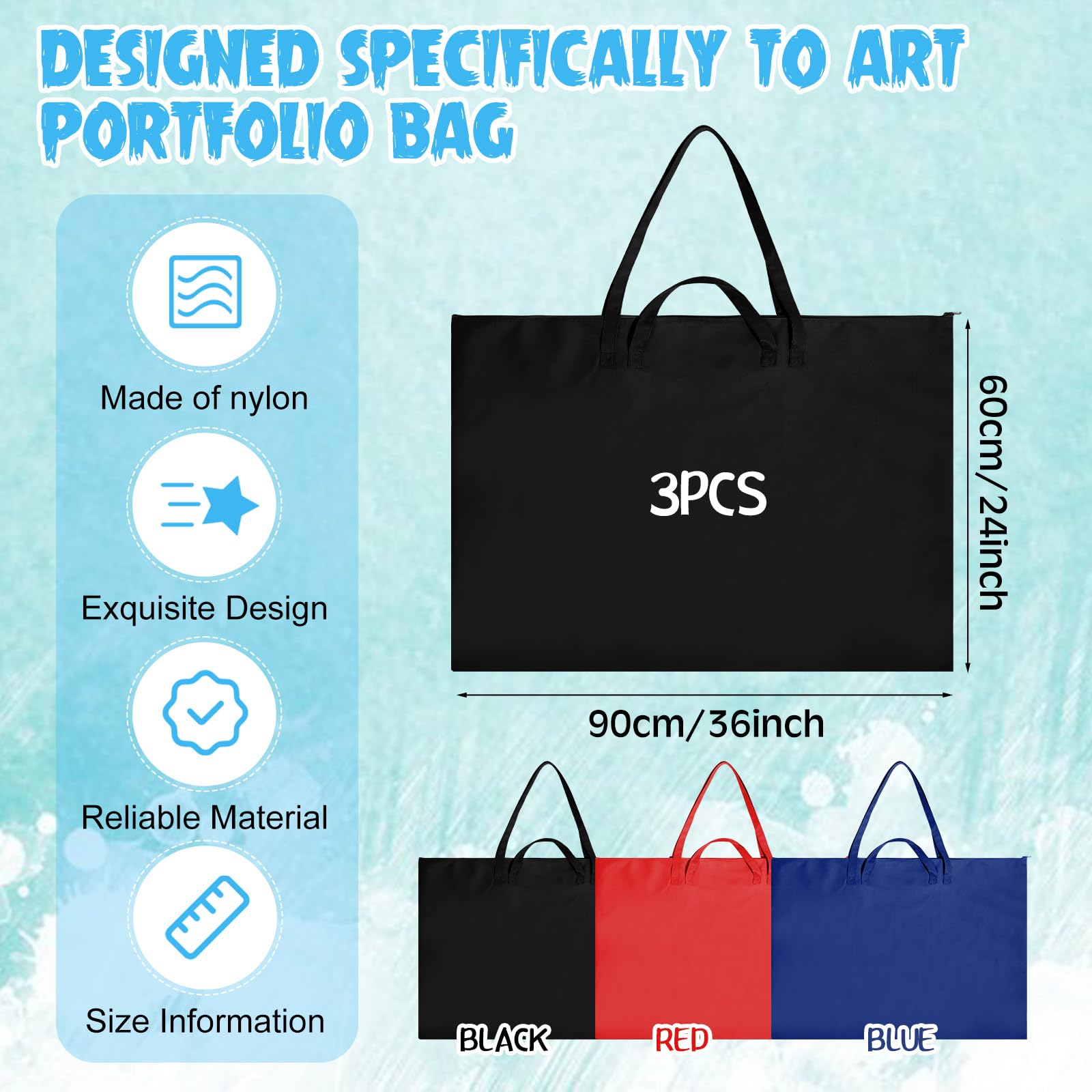 Abbylike 3 Pcs Art Portfolio Tote Bag 24" x 36" Large Poster Board Storage Bag with Nylon Shoulder Light Weight Waterproof Art Portfolio Case for Sketching Drawing Artwork Student, Black, Blue, Red