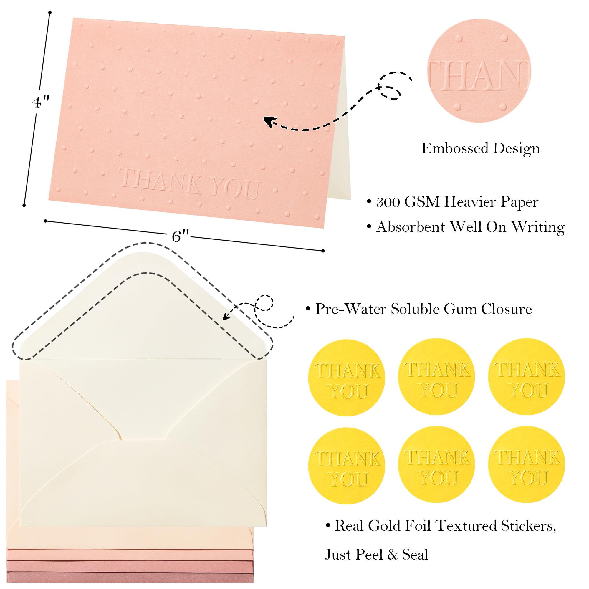 Crisky Embossed Thank You Cards (50 Pack) with Envelopes & Stickers Thank You Greeting Notes Bulk for Birthday, Baby Shower,Bridal Shower, Wedding, Graduation Shade of Dusty Rose