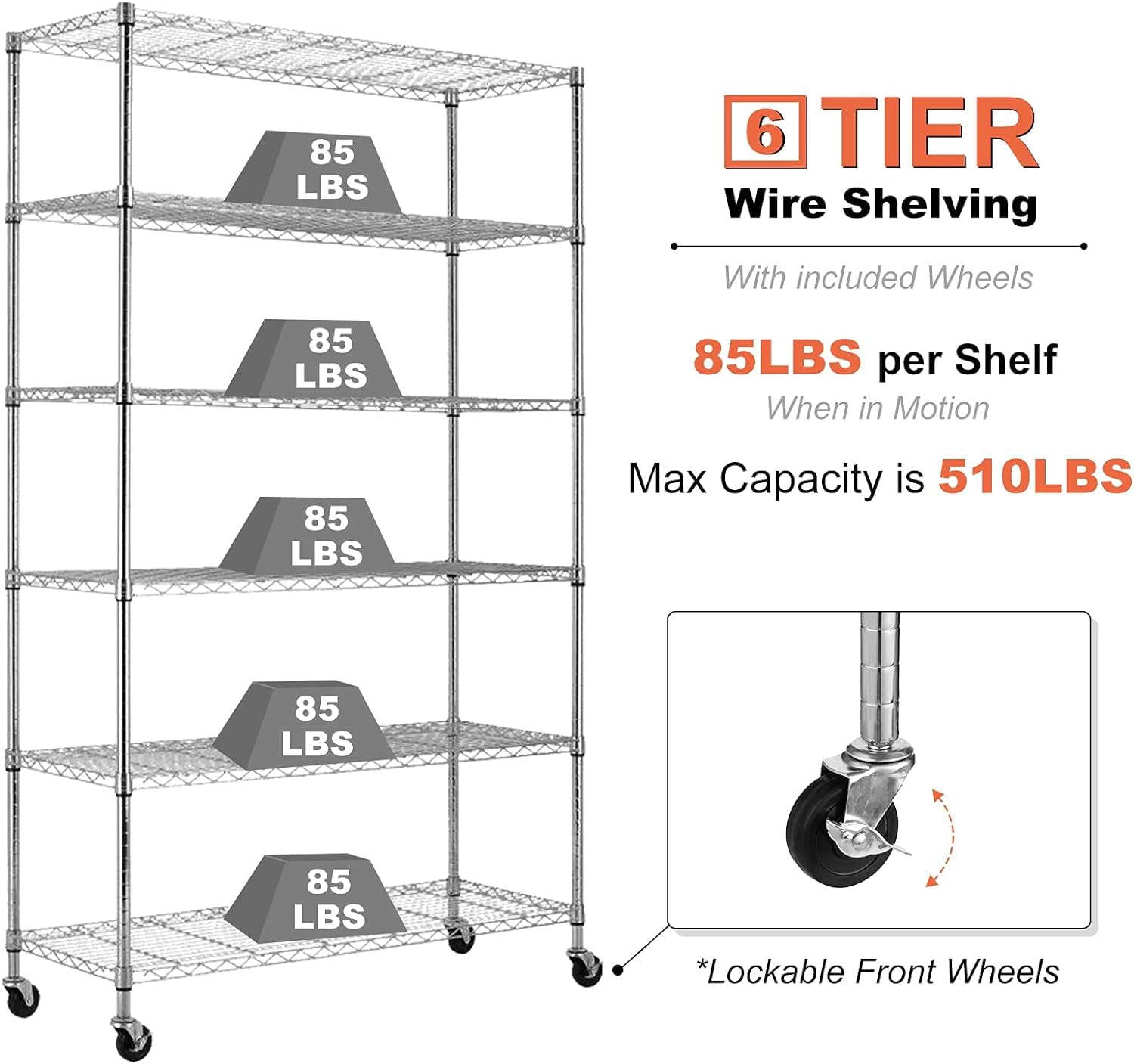 YRLLENSDAN 6-Tier Steel Storage 2100Lbs Capacity Wire Shelving W/Wheels Heavy Duty Metal Shelves Adjustable Steel Shelving Shelving Rack for Kitchens garages,18"x48"x82", Chrome