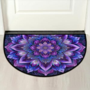 Purple Mandala Half Round Door Mat Indoor Entrance Boho Flower Washable Half Circle Area Rugs Non Slip Half Moon Rug Semi Circle Bathroom Rugs Floor Carpet for Kithen Bedroom Fireplace Decor