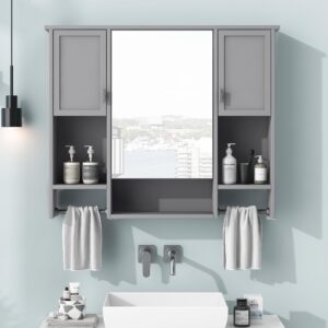 Linique Medicine Cabinet with Mirror, Shelves, 2 Towel Bars, Modern Wall-Mounted Bathroom Storage Cabinet with 3 Doors, Grey