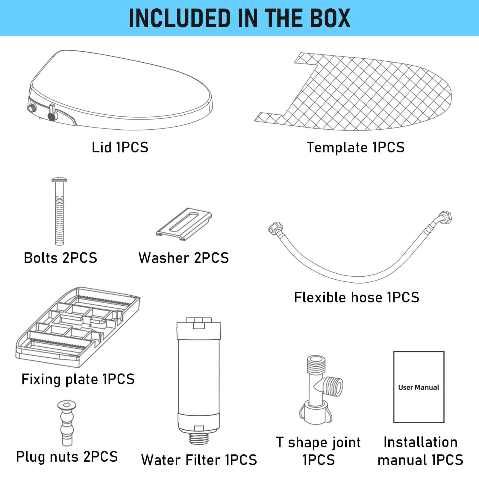 iliD Bidet Seats Bidet Toilet Seat, Elongated Toilet Seat, Non-Electric Self Cleaning Dual Nozzles, Quiet-Close, Easy Installation, Equipped With Water Filter, 1 Year Warranty