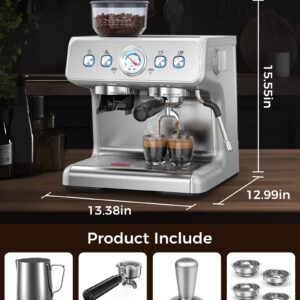 COWSAR Espresso Machine 15 Bar, Semi-Automatic Espresso Maker with Bean Grinder and Milk Frother Steam Wand, 75 Oz Removable Water Tank for Cappuccino, Latte, Stainless Steel