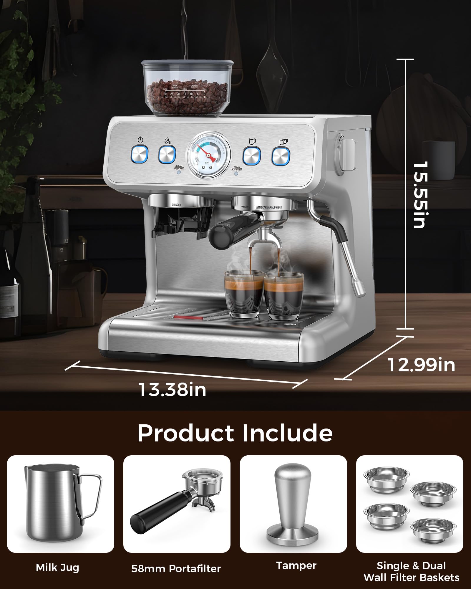 COWSAR Espresso Machine 15 Bar, Semi-Automatic Espresso Maker with Bean Grinder and Milk Frother Steam Wand, 75 Oz Removable Water Tank for Cappuccino, Latte, Stainless Steel