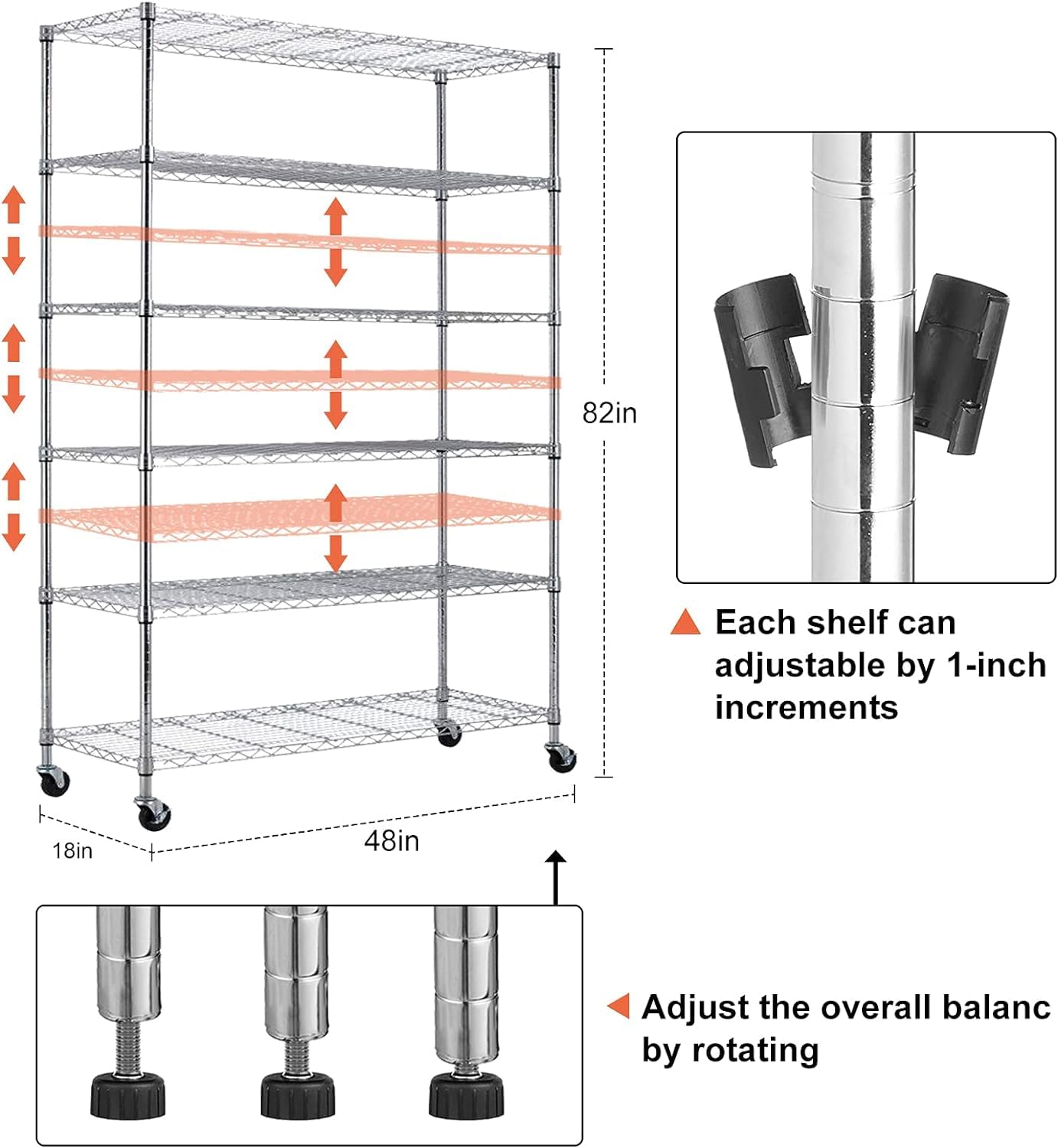 YRLLENSDAN 6-Tier Steel Storage 2100Lbs Capacity Wire Shelving W/Wheels Heavy Duty Metal Shelves Adjustable Steel Shelving Shelving Rack for Kitchens garages,18"x48"x82", Chrome