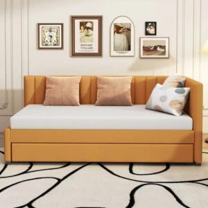 Acosure Twin Upholstered Linen Daybed Size Trundle,Sofa Bed Frame W/Slat Support and Back & Armrest,No Box Spring Needed,for Apartment,Bedroom,Guest Room,Yellow