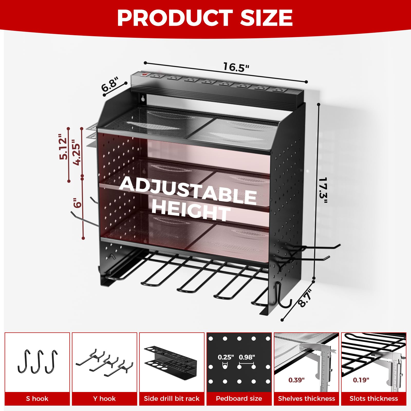 Power Tool Organizer with Charging Station, 4 Drills Holder Wall Mount Rack, 3 Layer Storage Rack,Side Pegboard with Screwdriver Holder/Plier Holder,etc, Garage Power Tool Storage with Power Strip