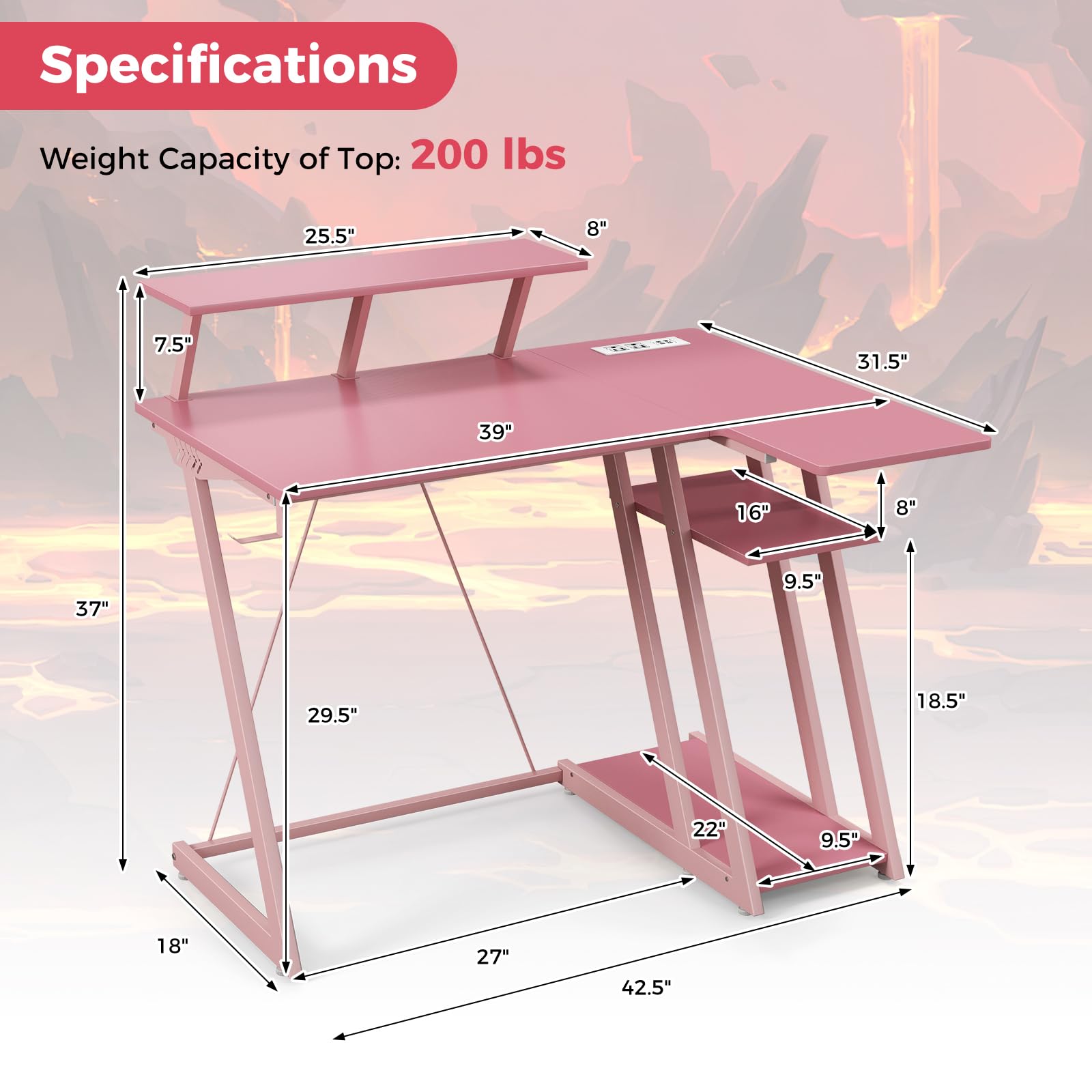 Tangkula L Shaped Gaming Desk with Power Outlets, Small Gaming Computer Desk 39inch with Storage Shelf, Corner Desk with Carbon Fiber Texture, Gamer Desk Gaming Table (Pink)