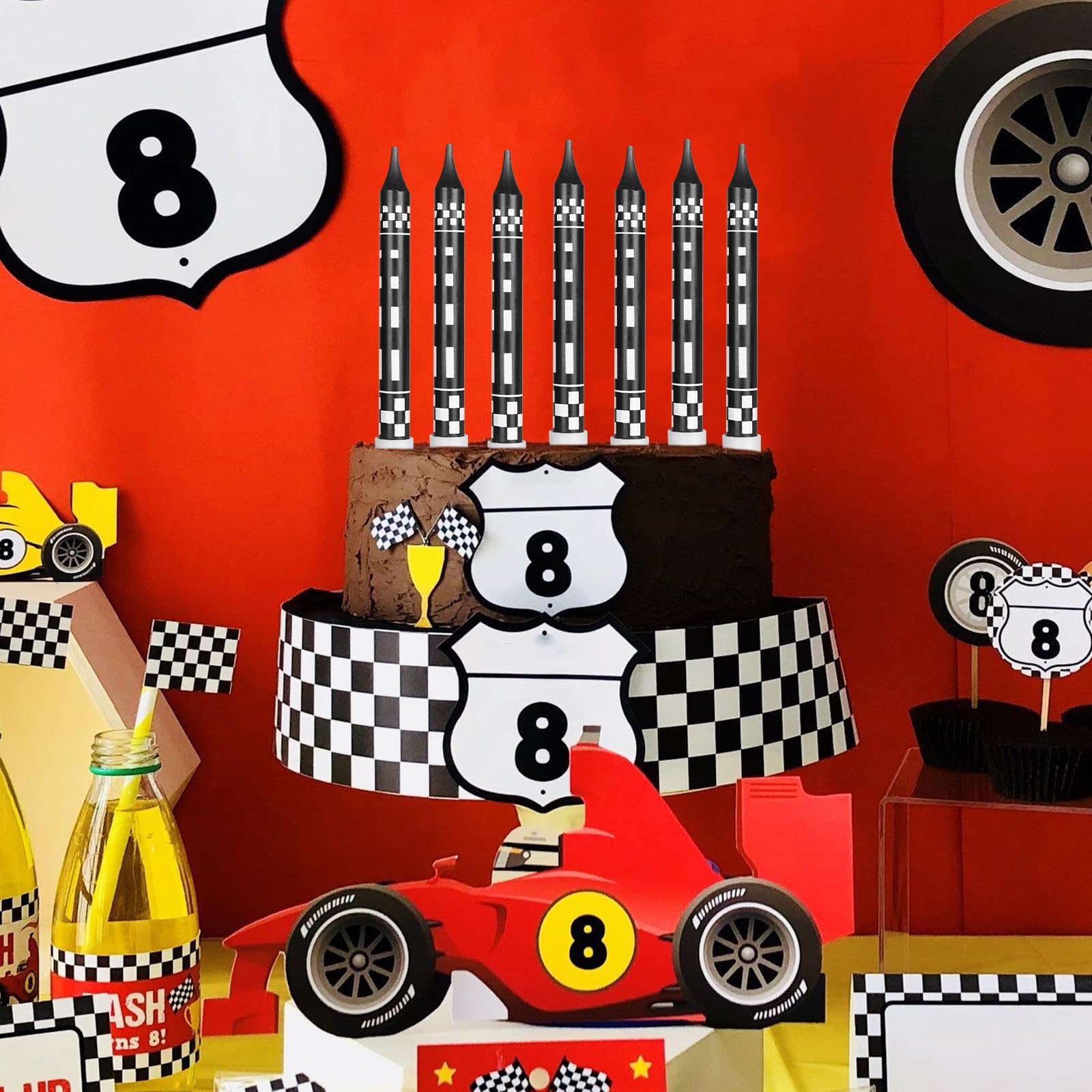 Race Car Theme Birthday Candles, 12Pcs Black White Long Thin Birthday Candles, Race Car Cake Topper Checkered Flag Birthday Party Decorations for Kids Boys