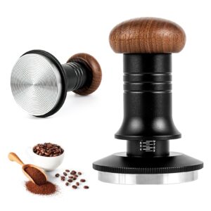 53mm coffee tamper, espresso tamper with calibrated spring loaded, constant 30lb tamper tool, depth adjustable, stainless steel base aluminum handle and walnut top cover, thread