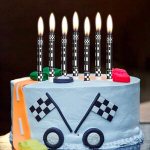 Race Car Theme Birthday Candles, 12Pcs Black White Long Thin Birthday Candles, Race Car Cake Topper Checkered Flag Birthday Party Decorations for Kids Boys