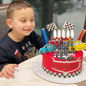 Race Car Theme Birthday Candles, 12Pcs Black White Long Thin Birthday Candles, Race Car Cake Topper Checkered Flag Birthday Party Decorations for Kids Boys