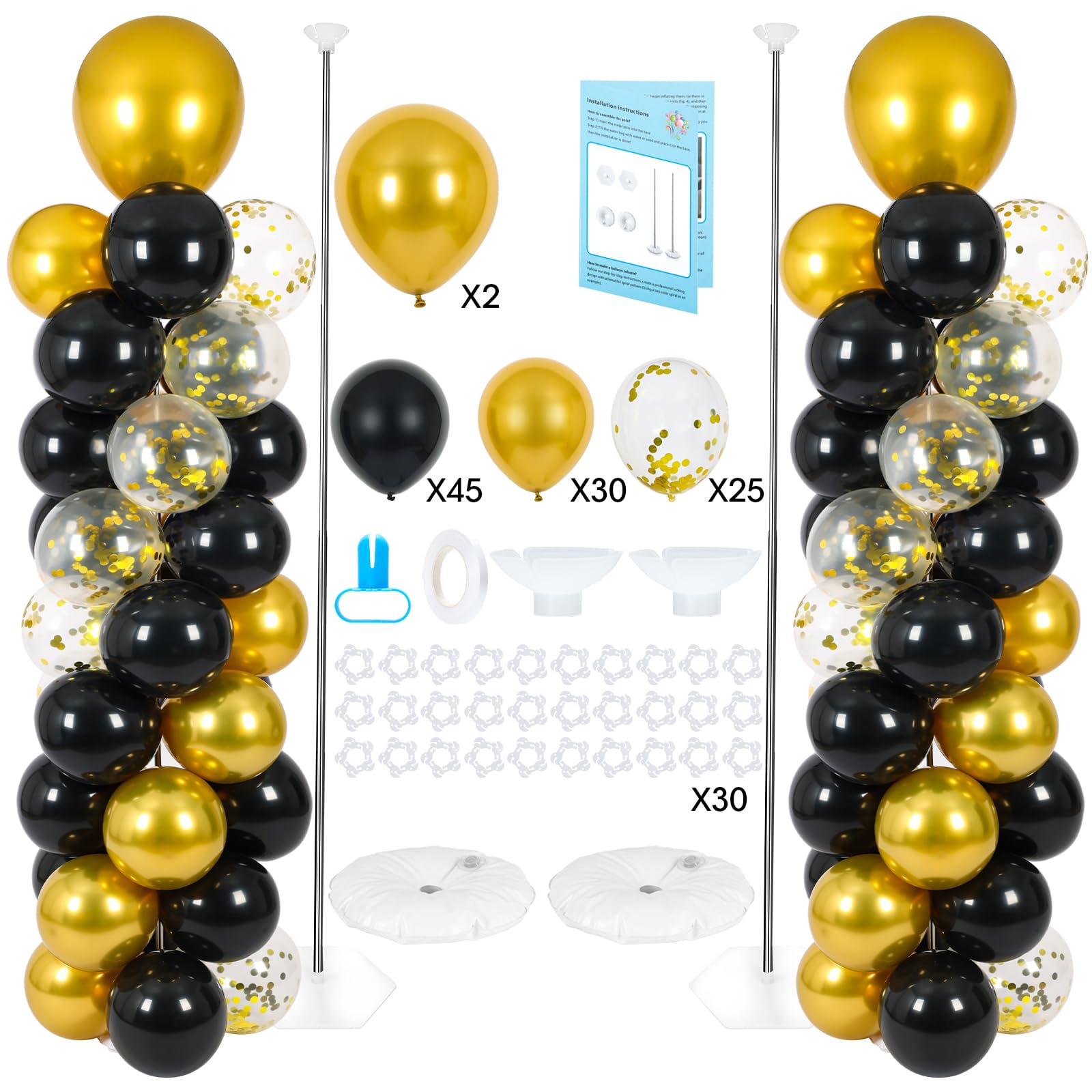 Balloon Column Stand with 102 Balloons, Balloon Column Kit Set of 2, Metal Balloon Tower Stand with Base for Floor, Height Adjustable from 1.57 to 7 Ft, For Party Decorations