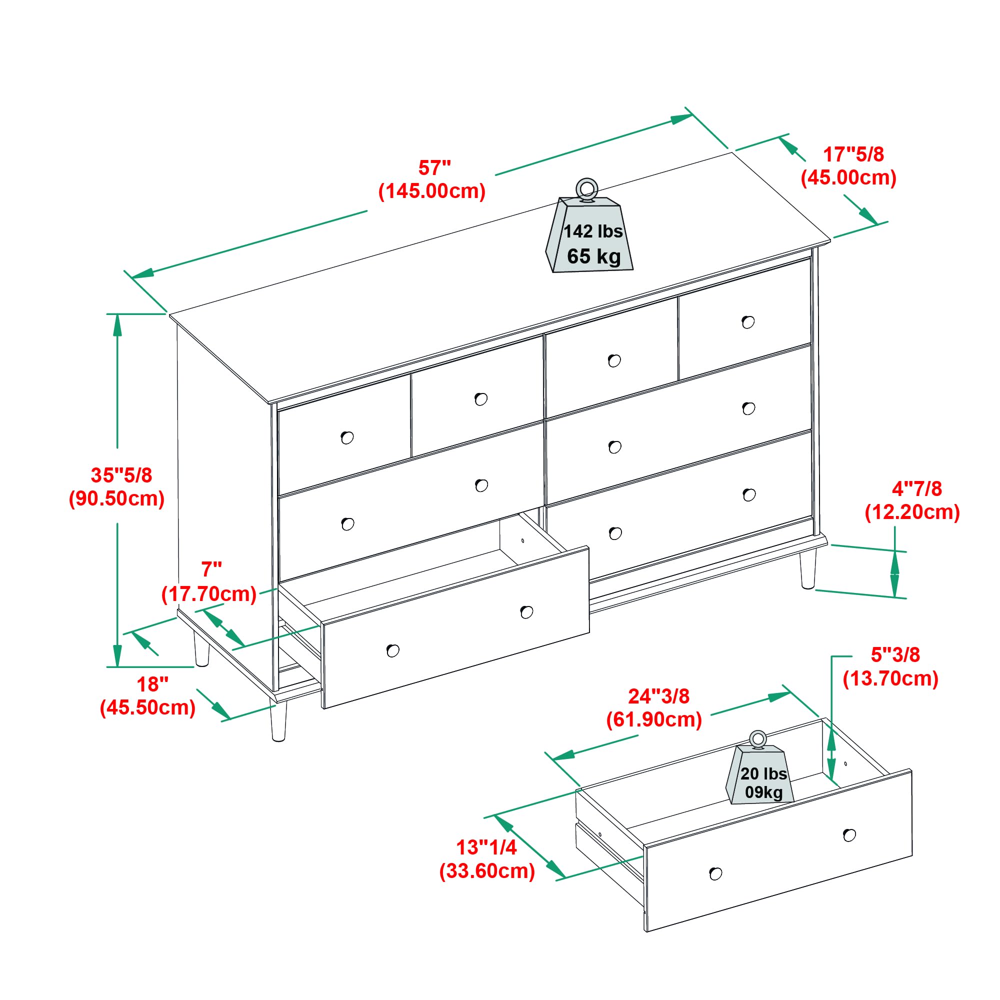 Walker Edison Modern 6-Drawer Solid Wood Dresser Bedroom Storage, 57 Inch, White