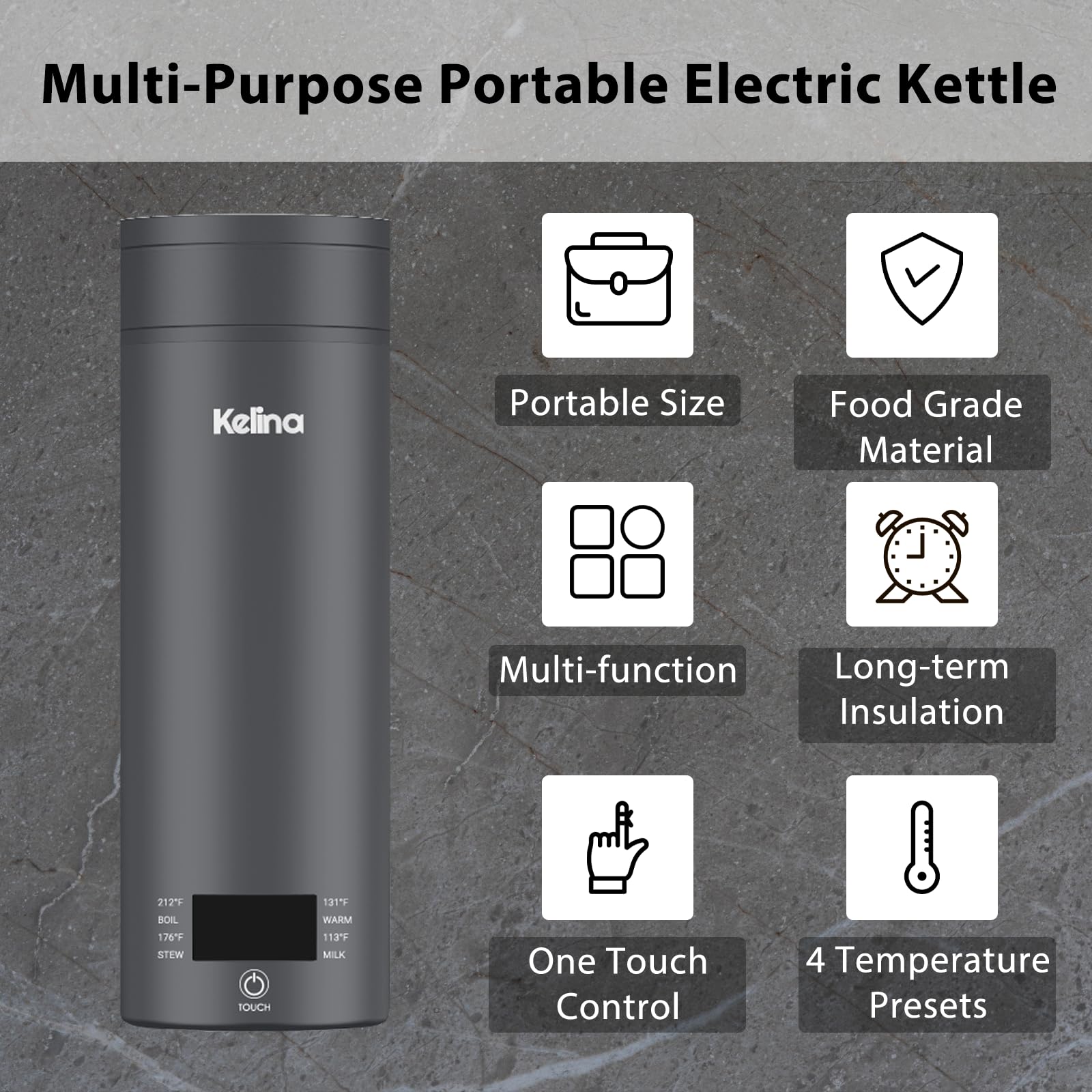 Kelina Portable Travel Electric Kettle 400ML Small Hot Water Boiler with LCD Display,Mini Heater for Boiling Water, Tea Coffee Kettle with 4 Temperature Settings,Gray