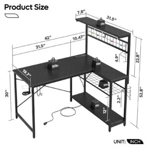 Bestier 42 L Gaming Desk,Computer Desk with Power Outlets, LED Lights, Reversible Corner Desk with 4-Tier Shelves,Cup Holder & Hook Carbon Fiber Black