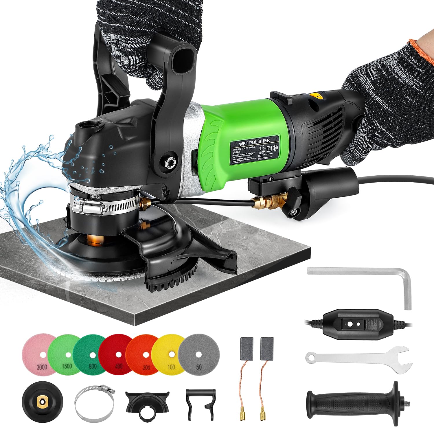 Antstone Wet Polisher 800W 6 Variable Speed 4'' Electric Granite Polisher Grinder Buffer with 7 Diamond Polishing Pads Wet Stone Polisher Concrete Polisher for Granite Marble Concrete Stone Tile