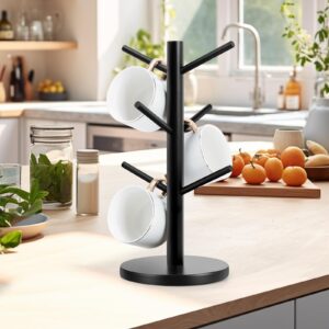 Fertoriy Mug Tree, Thicker Base Coffee Cup Holder for Countertop, Sturdy Wood Coffee Tree Mug Holder Stand with 6 Hooks, Non-Slip Mug Rack for Home Storage and Organizer, Coffee Mug Hanger