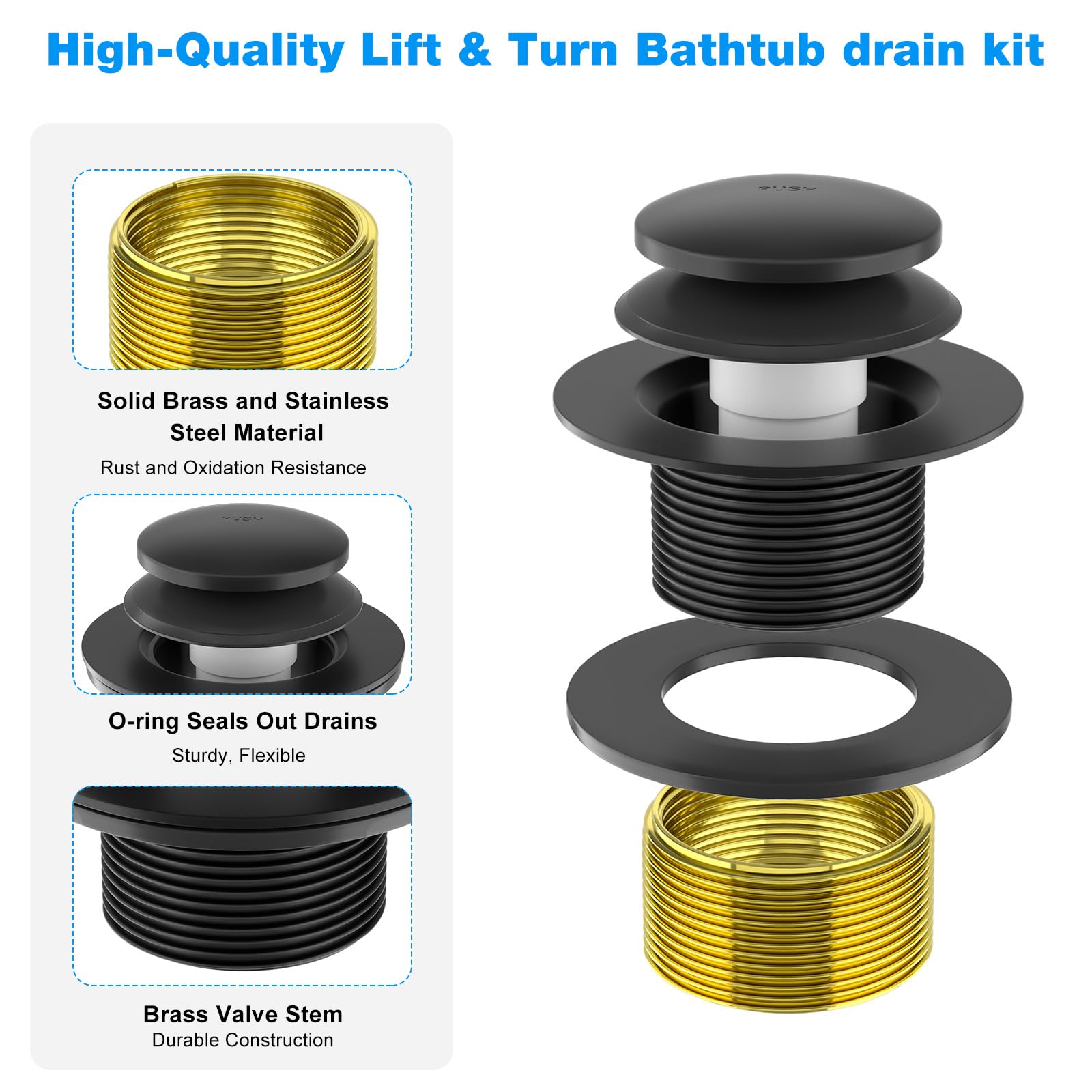 Black Bathtub Drain Kit- Tub Drain Conversion Kit- Black Bathtub Drain Overflow Kit-Brass Construction - Matte Black