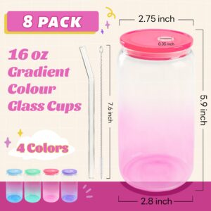 Joyclub 16oz Glass Cups with Acrylic Lids and Straws 8 Set Can Shaped Glass Iced Coffee Cups with Lids, Gradient Drinking Glasses Cute Tumbler Cup Great for Smoothie Soda Boba Tea Cocktail Beer Gift