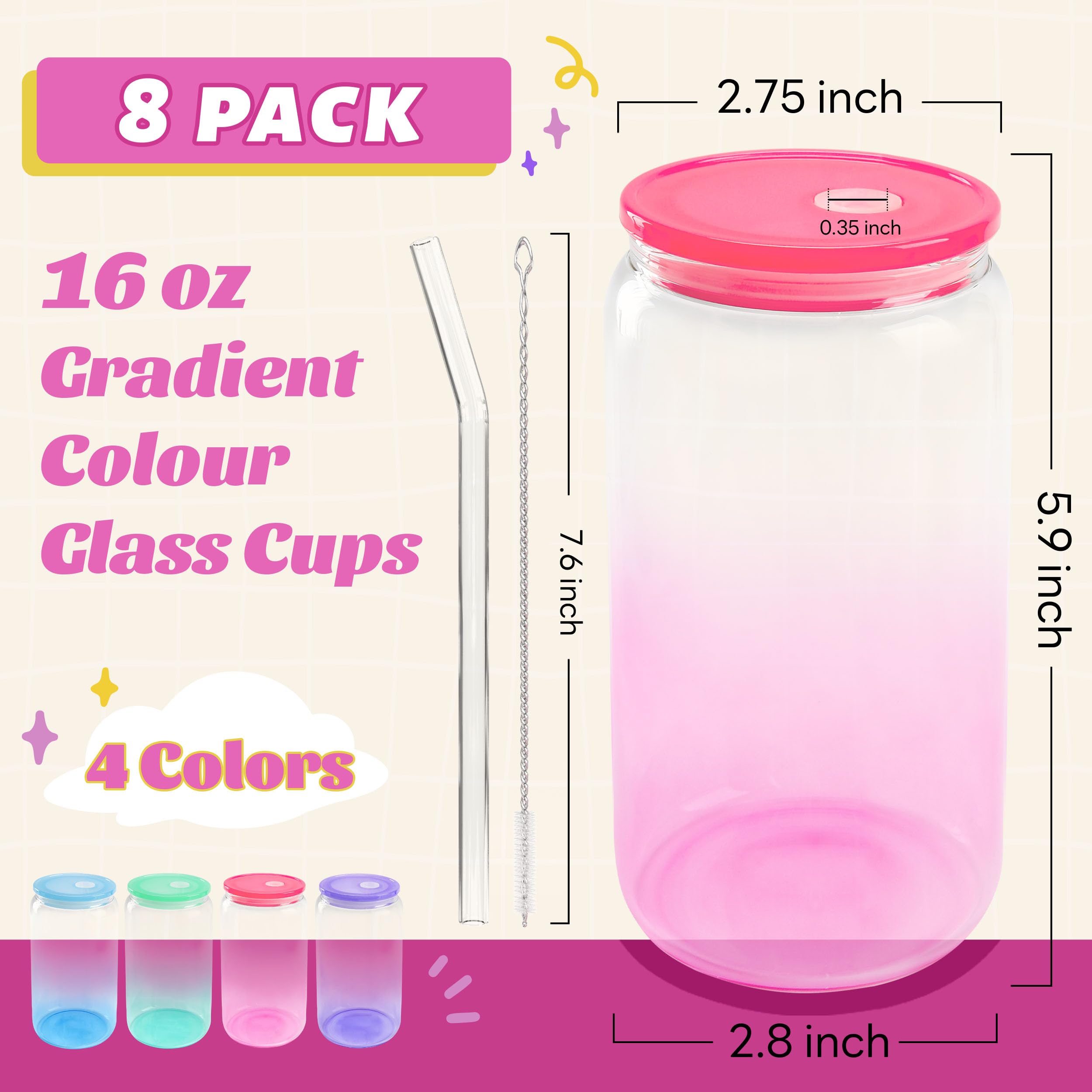 Joyclub 16oz Glass Cups with Acrylic Lids and Straws 8 Set Can Shaped Glass Iced Coffee Cups with Lids, Gradient Drinking Glasses Cute Tumbler Cup Great for Smoothie Soda Boba Tea Cocktail Beer Gift