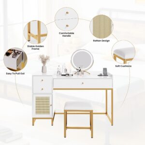 furlinkhm Computer Desk and Chair Set, White and Gold Desk with 3 Drawers and Rattan Cabinet,Home Office Desk with Power Outlets,Office Table and Chair Set for Writing Study Bedroom