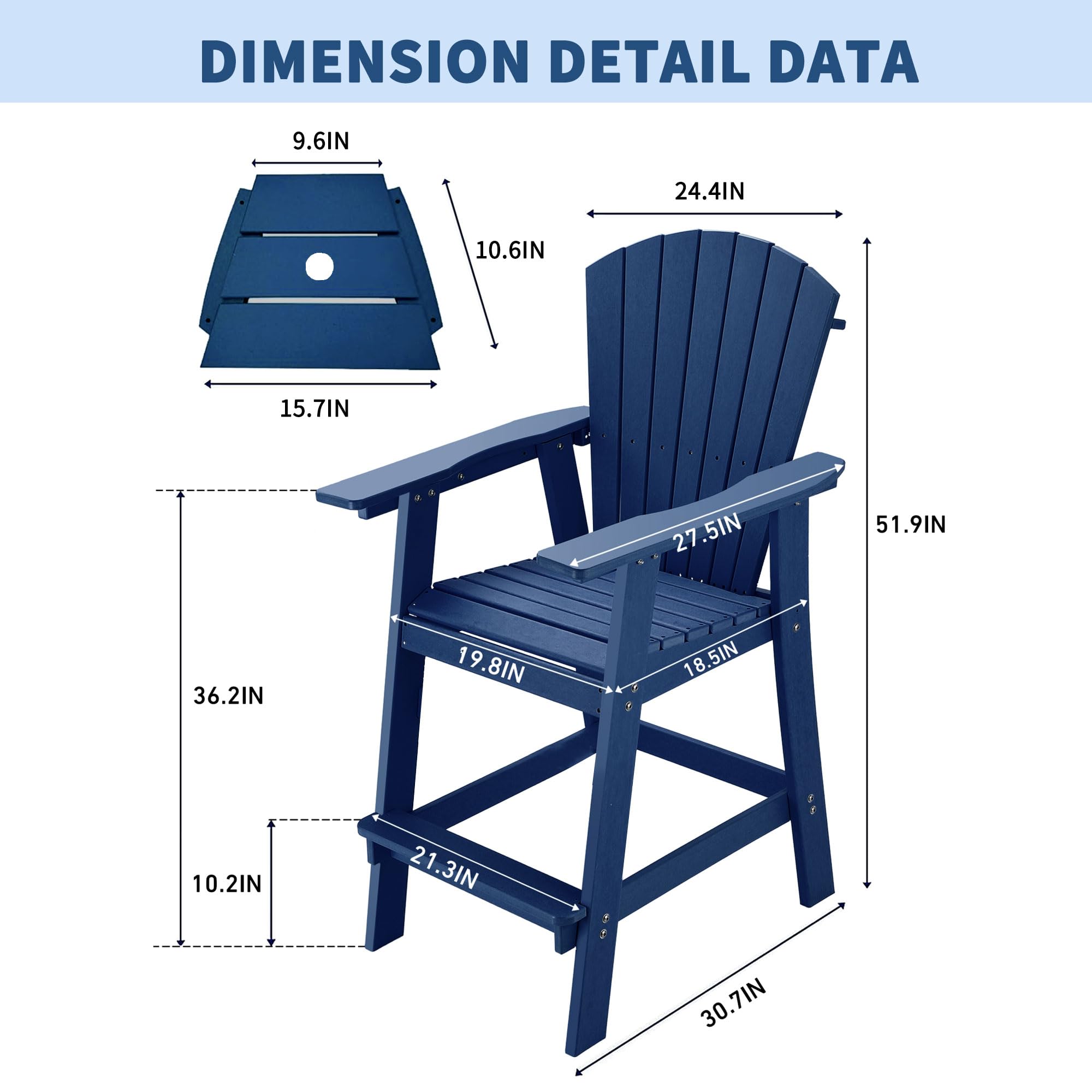 VSMKSJ Outdoor HDPE Adirondack Bar Stools, Tall Adirondack Chairs Set of 2, Navy Blue