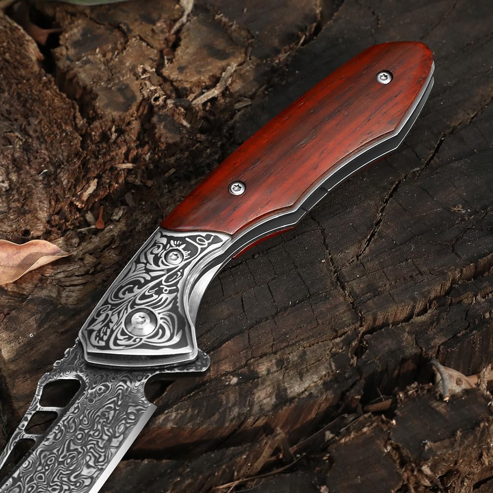 DRACHENADER Handmade Damascus Pocket Knife with Clip Vg10 67-Layers Real Damascus Steel Folding Knife with Liner Lock Japanese Style for Men, Wooden Handle