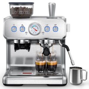 cowsar espresso machine 15 bar, semi-automatic espresso maker with bean grinder and milk frother steam wand, 75 oz removable water tank for cappuccino, latte, stainless steel