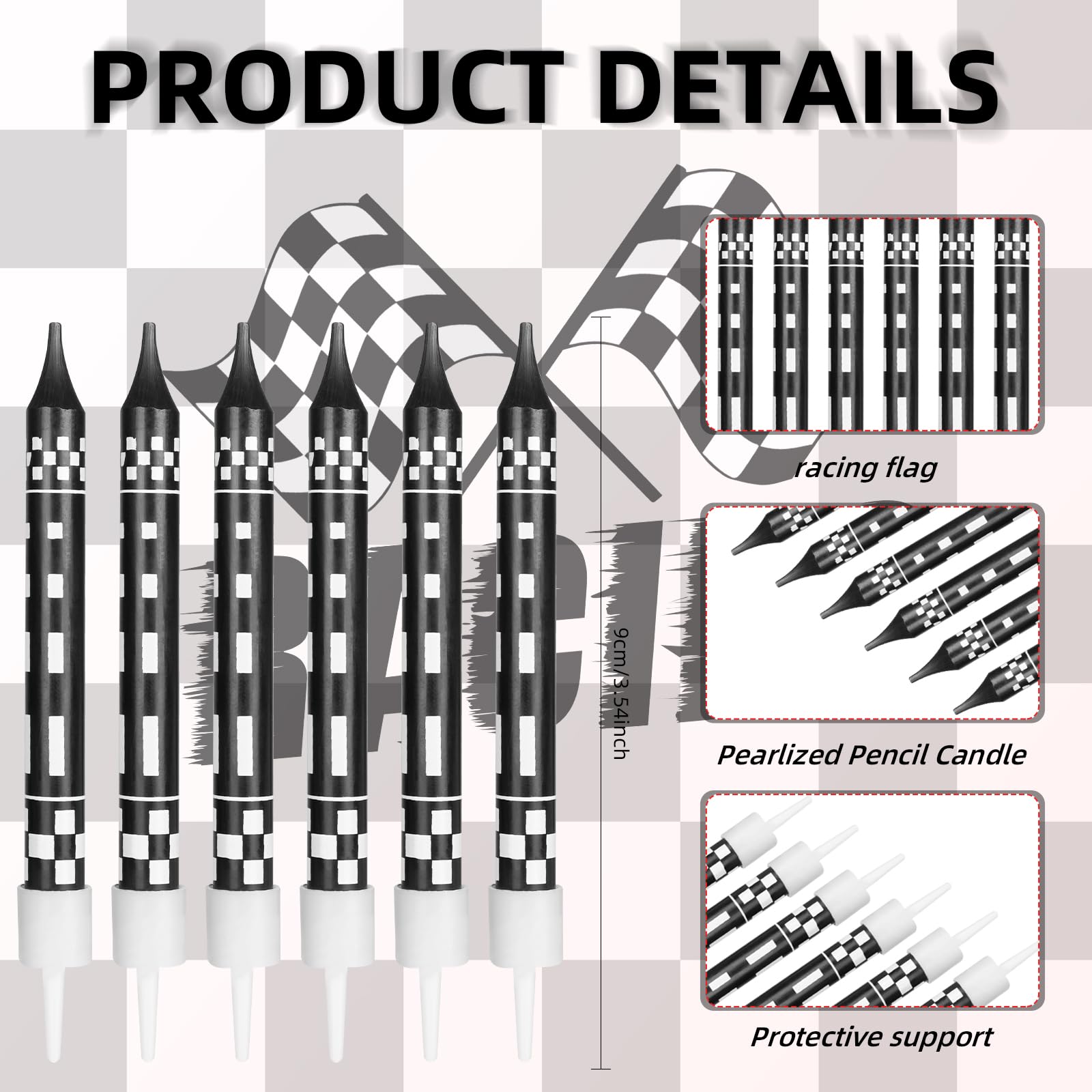 Race Car Theme Birthday Candles, 12Pcs Black White Long Thin Birthday Candles, Race Car Cake Topper Checkered Flag Birthday Party Decorations for Kids Boys