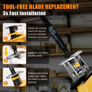 Cordless Reciprocating Saw for DEWALT 20V Max Battery, Brushless Motor Variable Speed 0-3500 SPM, Tool-free Blade Change, AODERTI Recipro Sawzall with 4 Saw Blades for Wood/Metal Cutting (Tool Only)