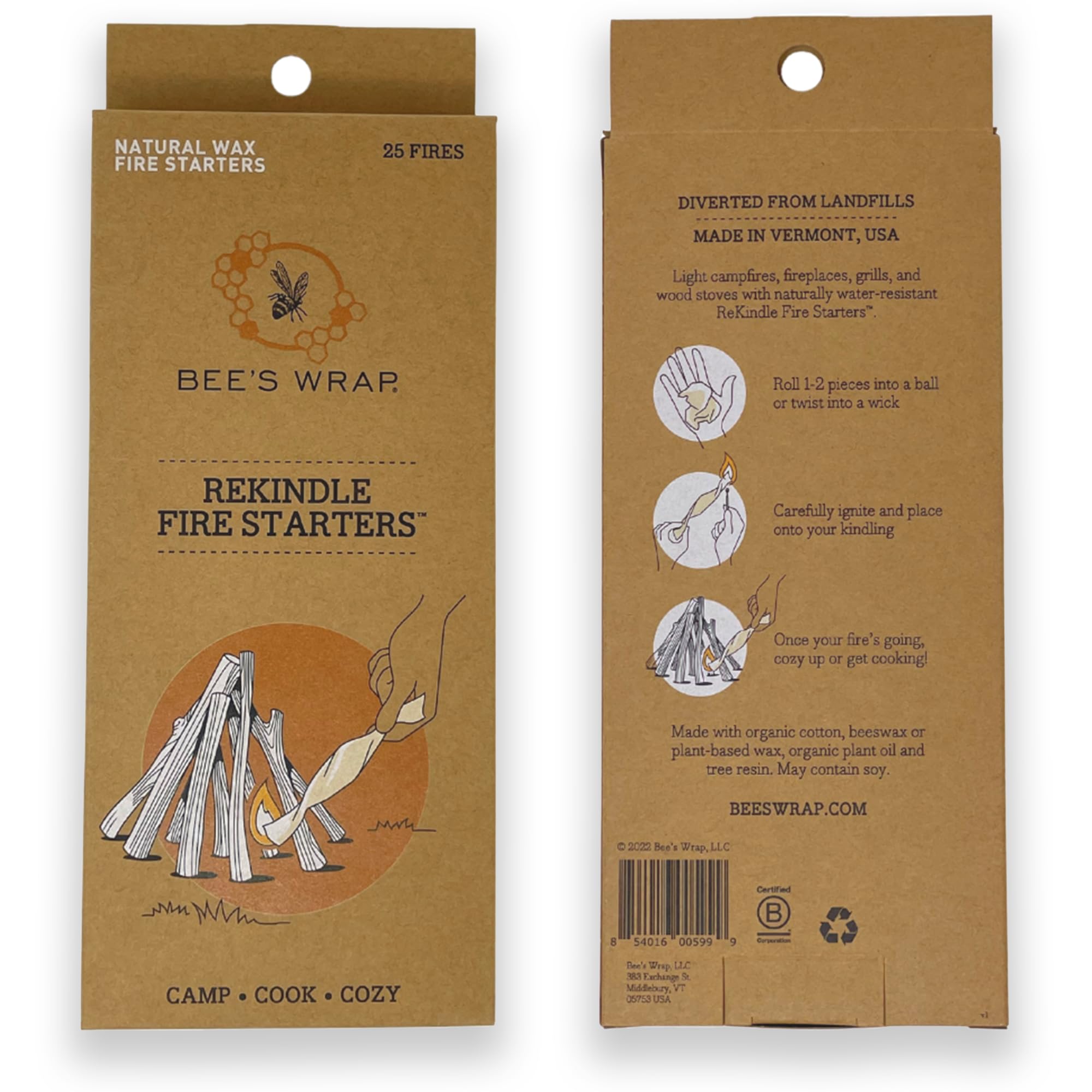 Bee's Wrap ReKindle Fire Starters, Made in the USA Natural Beeswax Fire Starters for Campfires, Waterproof Fire Starter Made From Beeswax Food Wraps, Safe for Indoor & Outdoor Use, 6oz Starts 25 Fires