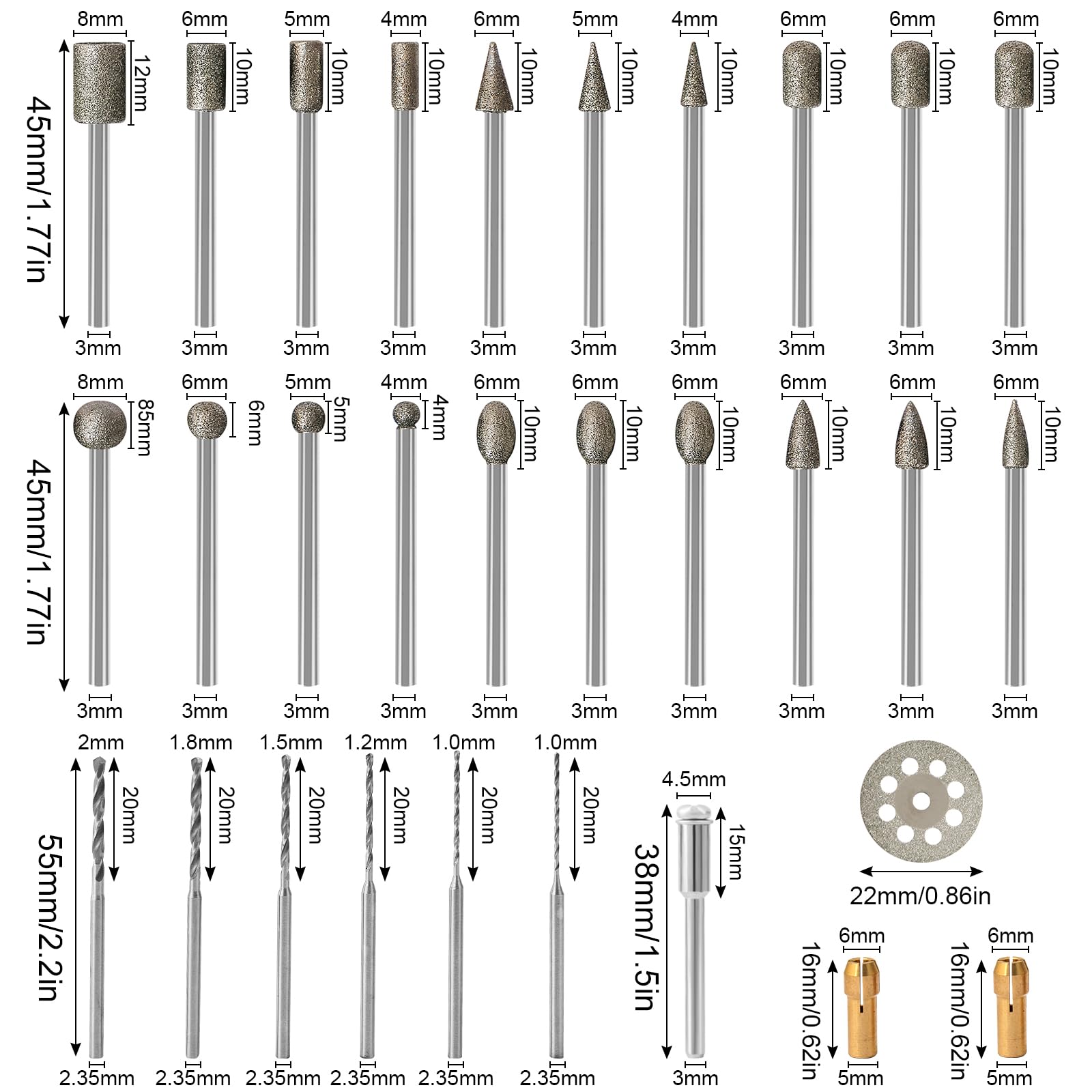 Stone Carving Set Diamond Burr Bits Compatible with Dremel, 1/8” Shank Power Rotary Tool Accessories Kit, Includes Diamond Burr Bits, Cutting Discs and Drill Bits- 34PCS