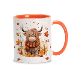 hyturtle fall highland cow maple leaves coffee mug - birthday gifts for cow lovers - fall autumn decor gifts for farmhouse thanksgiving - highland cow gifts - 11oz white ceramic coffee tea mug