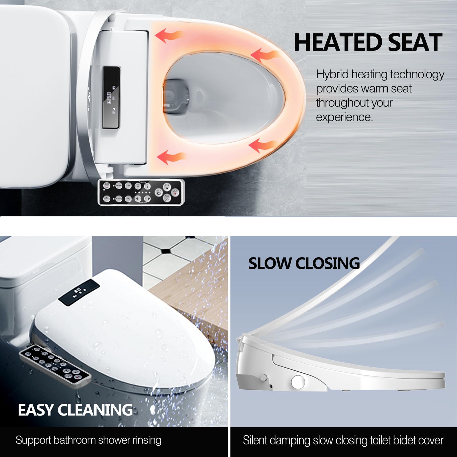 WLJBIDET Round Bidet Toilet Seat,Electronic Heated Smart Toilet Seat with Unlimited Heated Water and Warm Air Dryer,Adjustable Temperature,Self-Cleaning Stainless Steel Nozzle,Side Panel Control