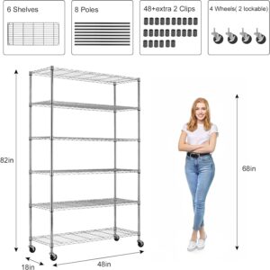 YRLLENSDAN 6-Tier Steel Storage 2100Lbs Capacity Wire Shelving W/Wheels Heavy Duty Metal Shelves Adjustable Steel Shelving Shelving Rack for Kitchens garages,18"x48"x82", Chrome