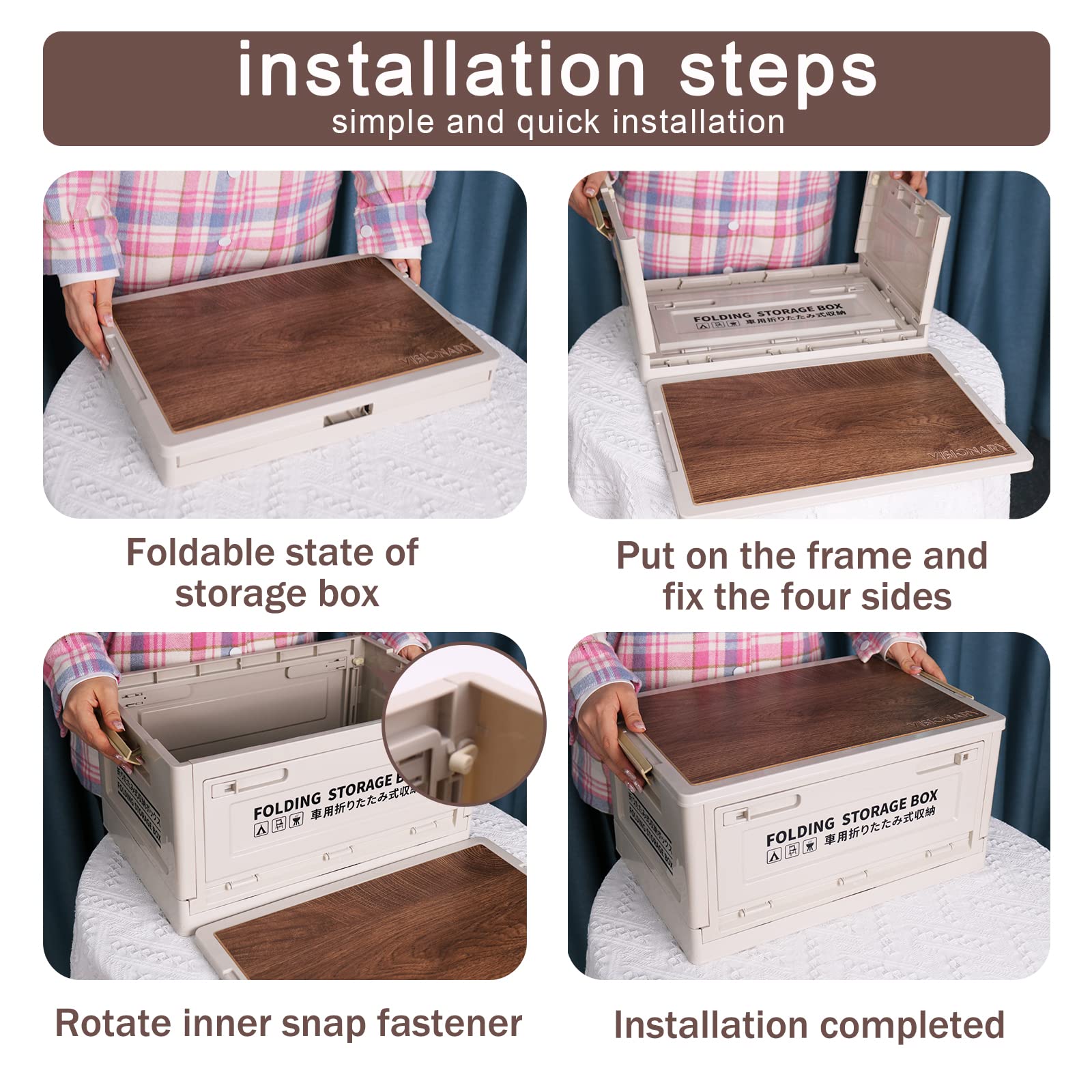 Paieshxi Collapsible Plastic Storage Bins Box with Lids, Stackable Foldable Camping Storage Box with Imitation Wooden Lid, Camping Storage Containers, Organizer for Outdoor Camping, Home and Office