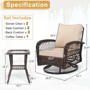 VINGLI 3 Pieces Outdoor Swivel Chairs Set of 2 and Side Table, Wicker Outdoor Rocking Chair Patio Swivel Chairs Outdoor Furniture Set for Porch Deck Backyard