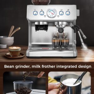 COWSAR Espresso Machine 15 Bar, Semi-Automatic Espresso Maker with Bean Grinder and Milk Frother Steam Wand, 75 Oz Removable Water Tank for Cappuccino, Latte, Stainless Steel