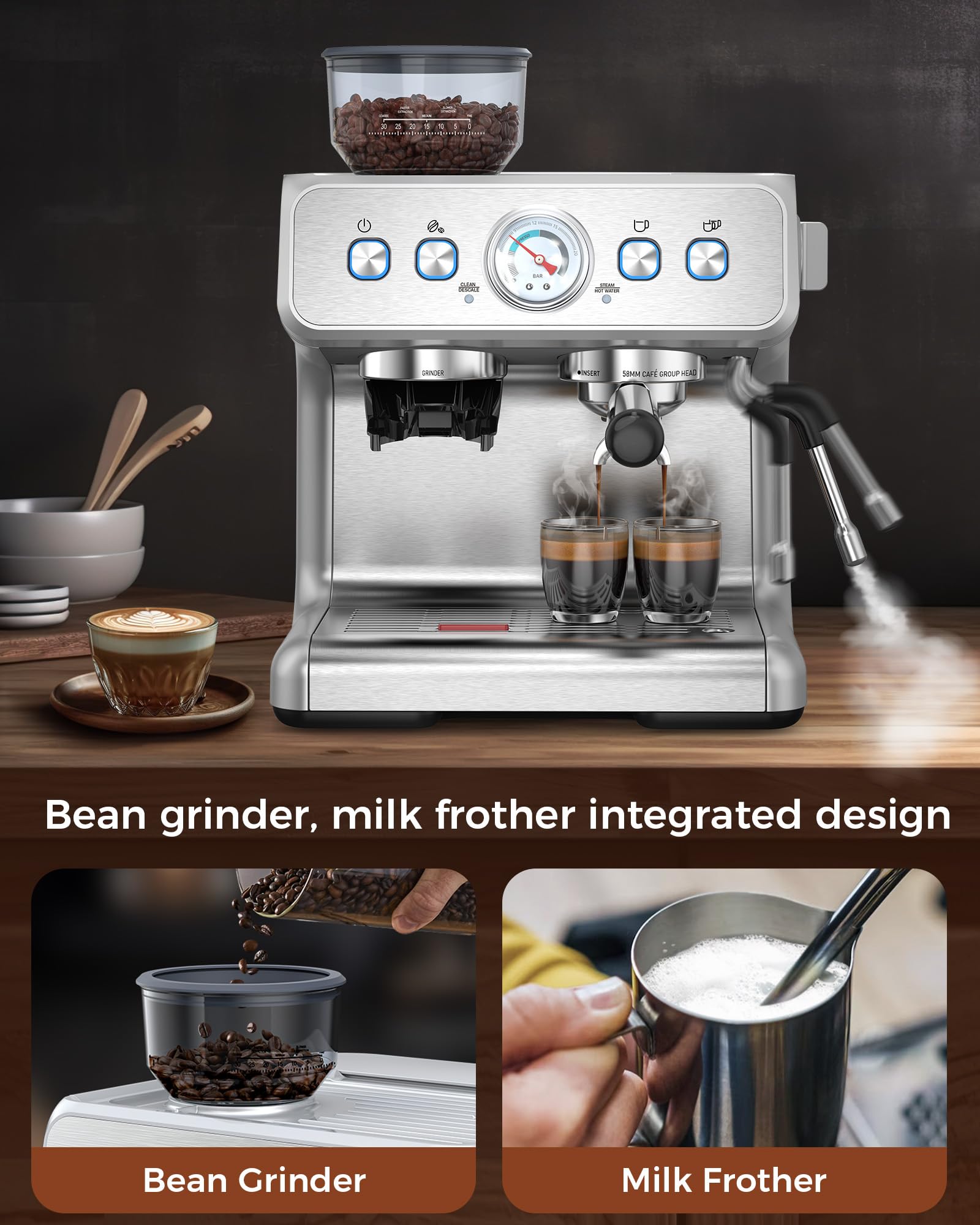 COWSAR Espresso Machine 15 Bar, Semi-Automatic Espresso Maker with Bean Grinder and Milk Frother Steam Wand, 75 Oz Removable Water Tank for Cappuccino, Latte, Stainless Steel