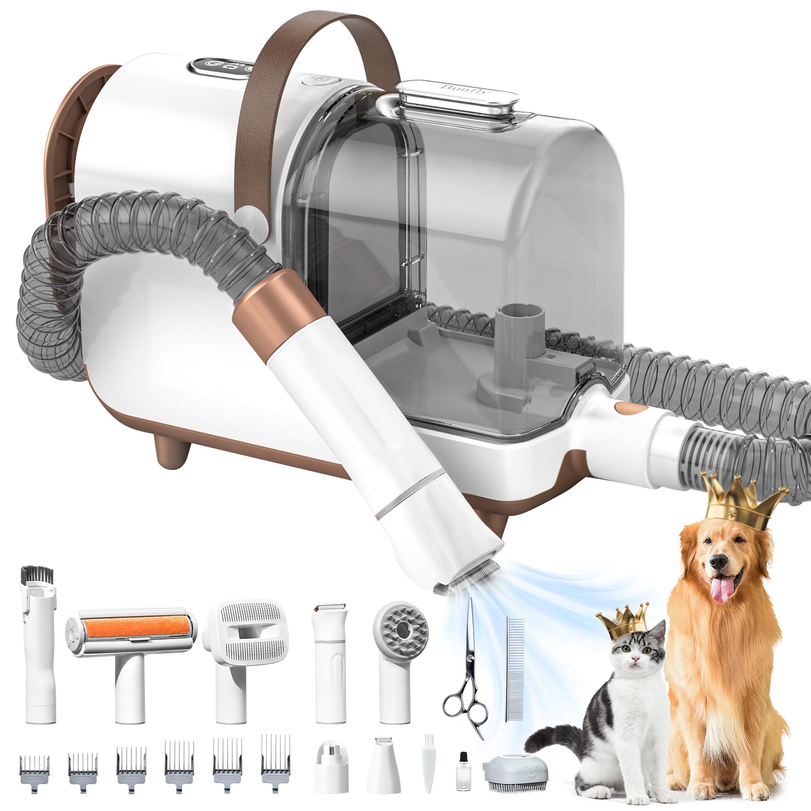 Bunfly Dog Grooming Kit & Dog Hair Vacuum, 3L Large Capacity Dust Cup,13,000KPa Powerful Suction, 99% Pet Hair Removal, 16 Grooming Tools for Dogs, Cats & More, Home Cleaning - Brown