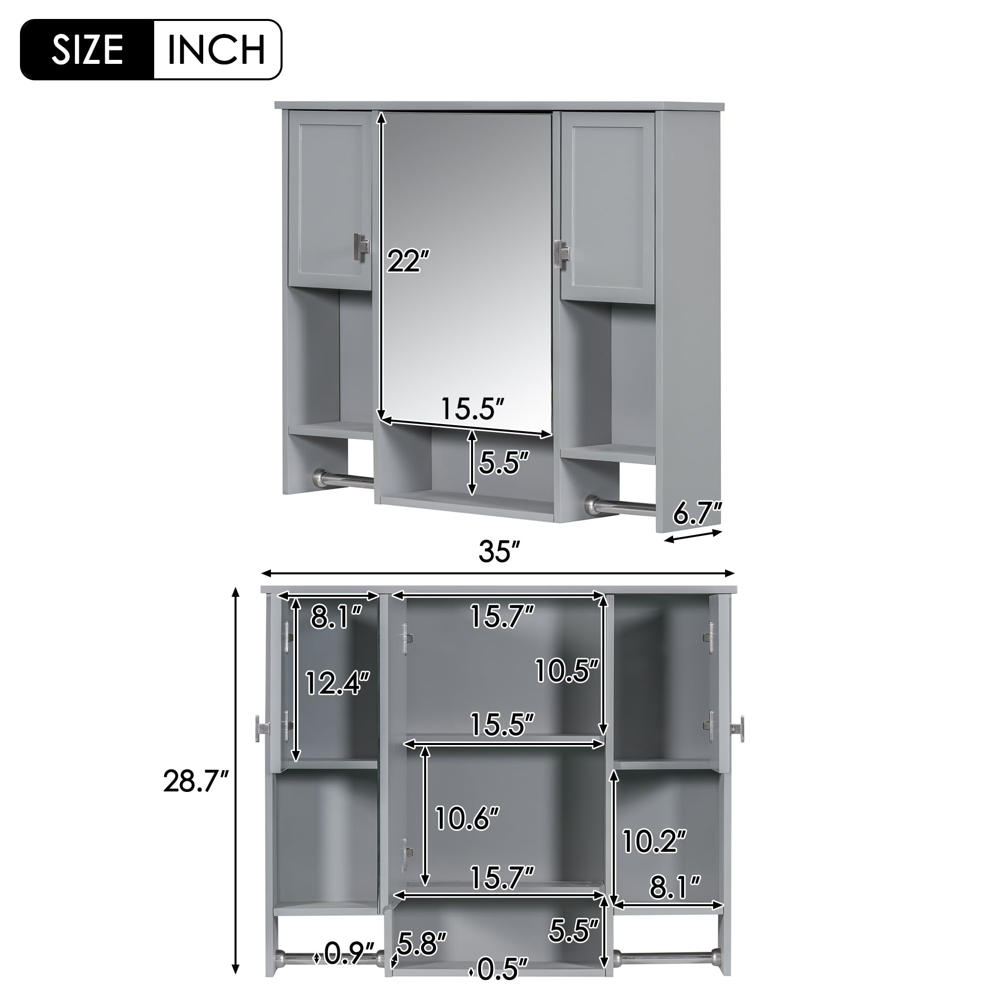 Linique Medicine Cabinet with Mirror, Shelves, 2 Towel Bars, Modern Wall-Mounted Bathroom Storage Cabinet with 3 Doors, Grey