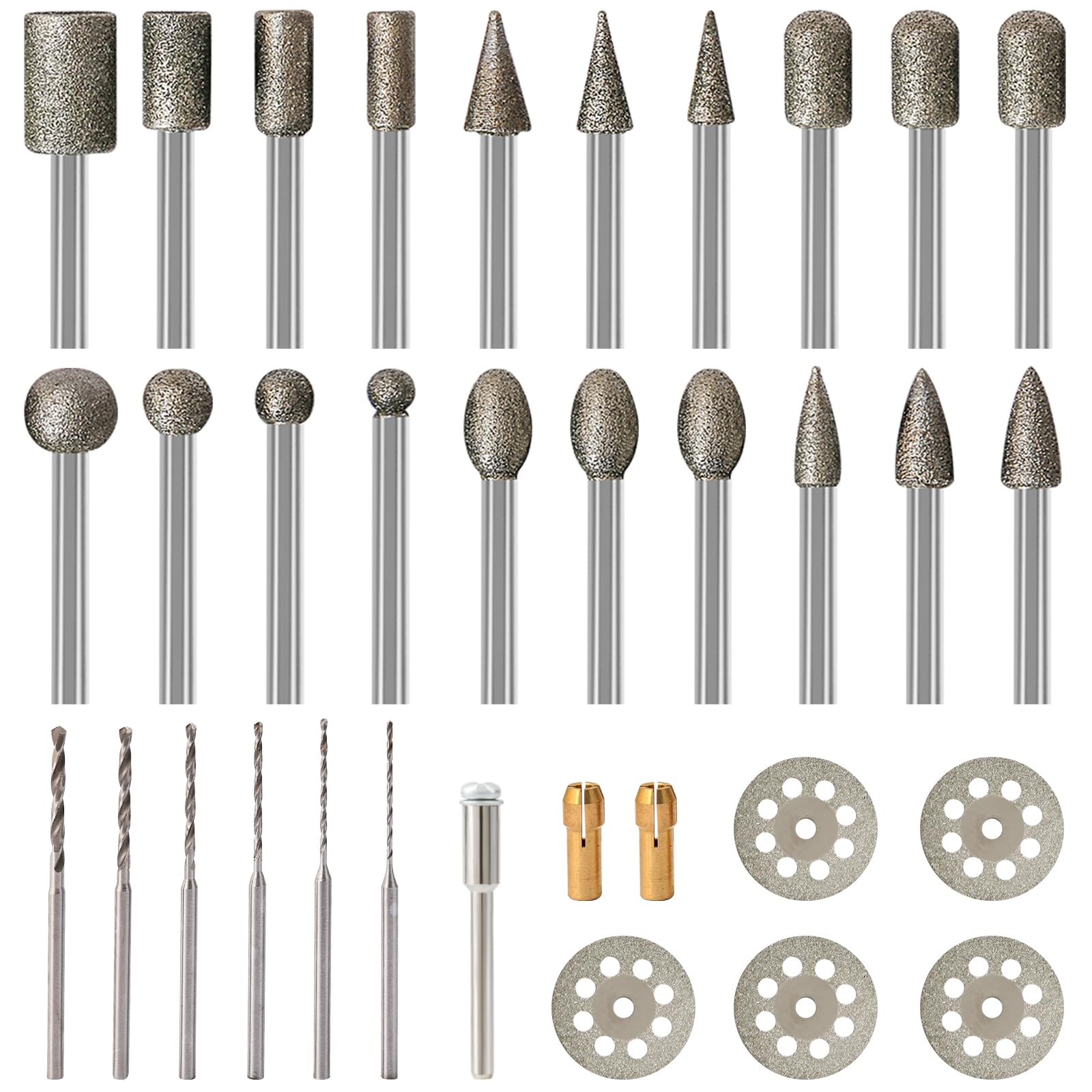 Stone Carving Set Diamond Burr Bits Compatible with Dremel, 1/8” Shank Power Rotary Tool Accessories Kit, Includes Diamond Burr Bits, Cutting Discs and Drill Bits- 34PCS